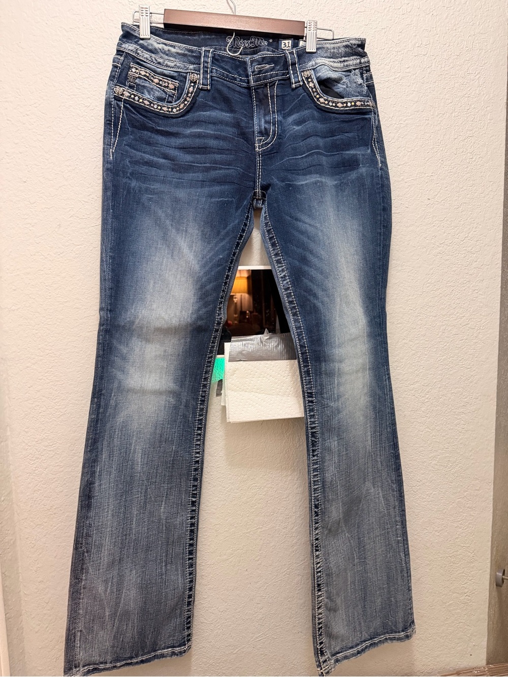 Miss Me Women’s Dark Blue Bootcut Jeans with Embellished Pockets